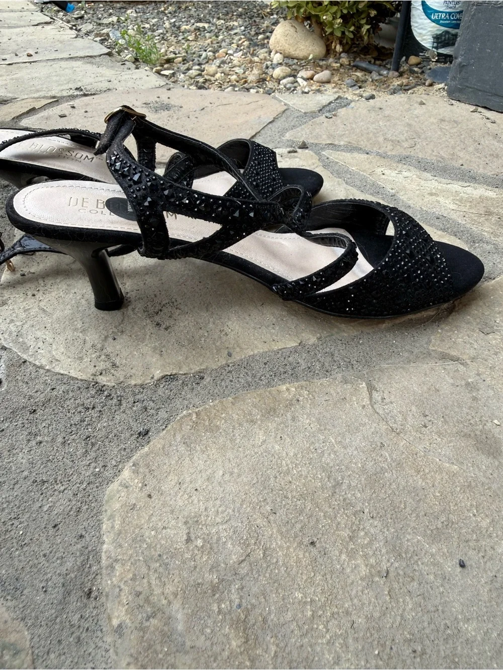 De Blossom Collection Black Rhinestone Evening Heels Sandals Size 7 NWOT